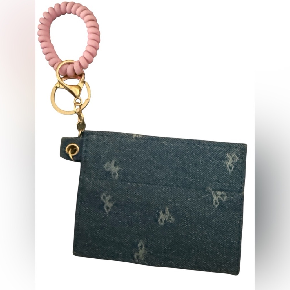 NEW Jean Denim Card Holder With Pink Wristlet Gold Key Ring NWT
